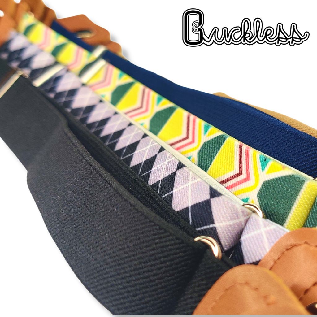 Elastische kinderriem van Buckless® in diverse kleuren en patronen, uitgelicht voor optimaal zicht.