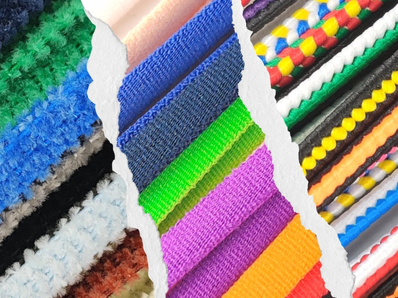Close-up van Agletless fluffy, ovale en driehoekige elastische veters in verschillende kleuren