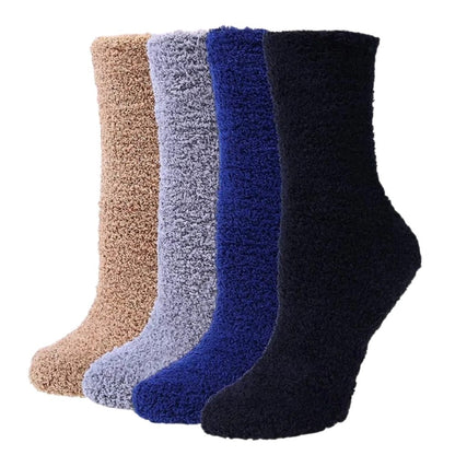 Donkere fuzzy sokken voor dames 4 paar, in blauw en bruin, perfect voor de winter