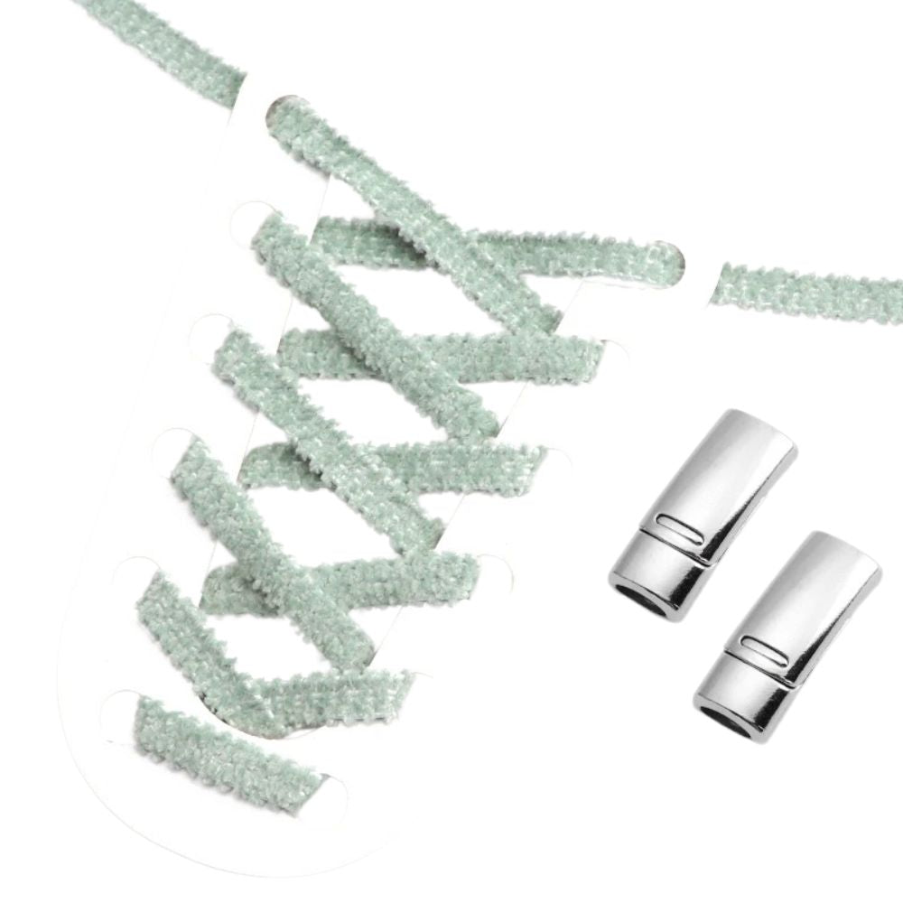 Jadegroene fluffy platte elastische veters met magneetsluiting voor een unieke en gemakkelijke look zonder strikken