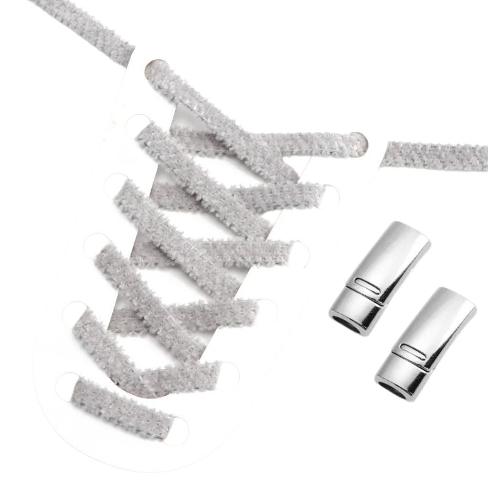 Lichtgrijze fluffy platte elastische veters met magneetsluiting voor een subtiele en gemakkelijke look zonder strikken