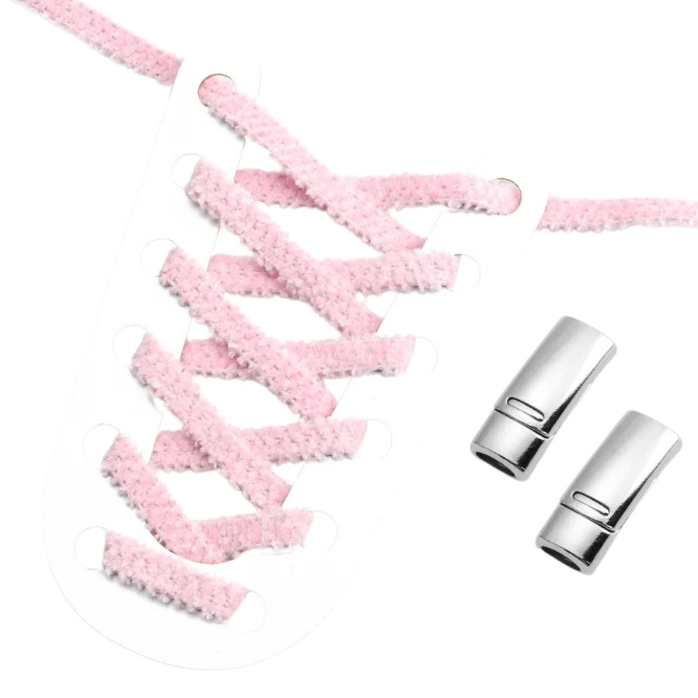 Roze fluffy platte elastische veters met magneetsluiting voor een trendy en comfortabele stijl zonder strikken
