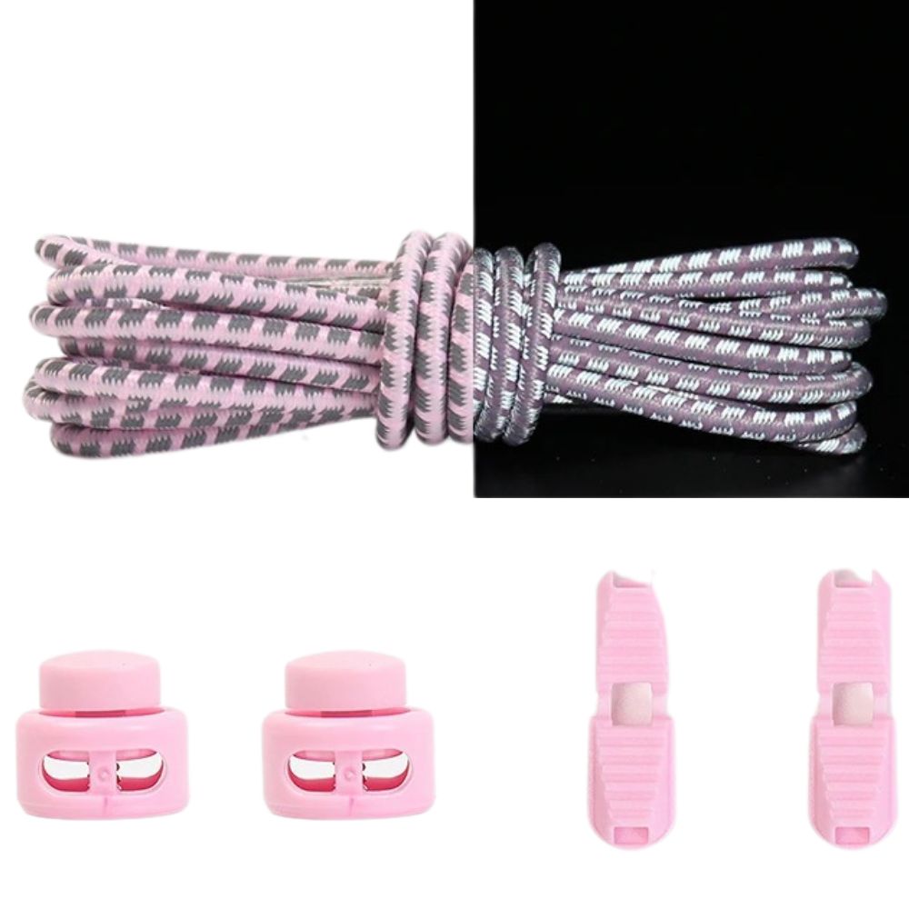 Roze reflecterende ronde elastische veters met verstelbare sluiting voor een trendy en veilige look zonder veterstrikken