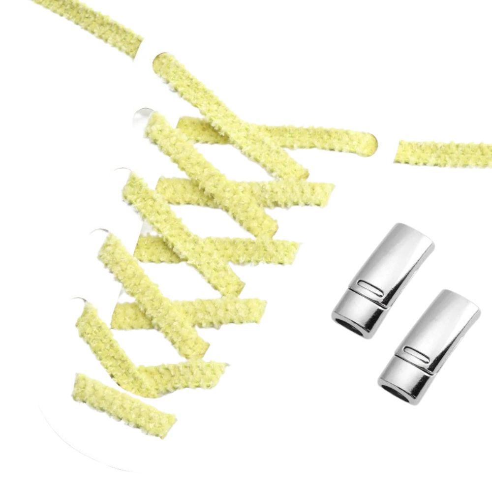 Geelgroene fluffy platte elastische veters met magneetsluiting voor een levendige en gemakkelijke look zonder strikken