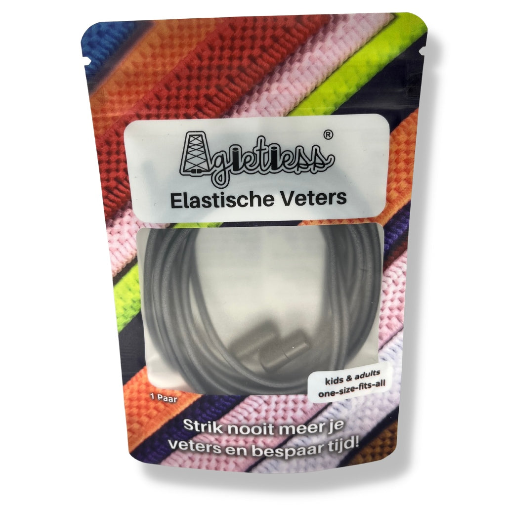 Antraciet ronde elastische veters 3mm opgerold in verpakking, vooraanzicht: Agletless® Strikvrij & Stijlvol