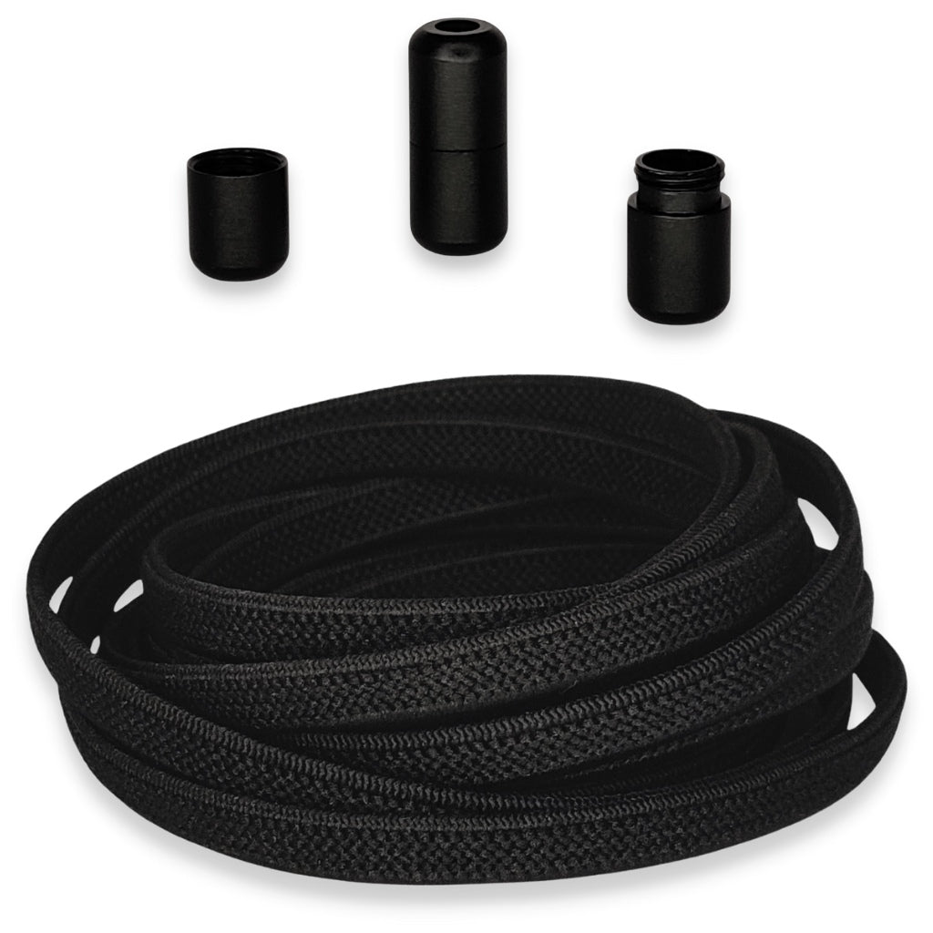 Zwarte 6mm platte elastische veters met luxe draaicapsule sluiting