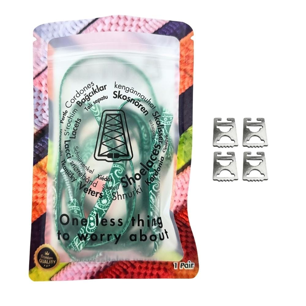 Elastische veters onzichtbaar strikken paisley 9mm onzichtbare clipjes groen wit in luxe verpakking