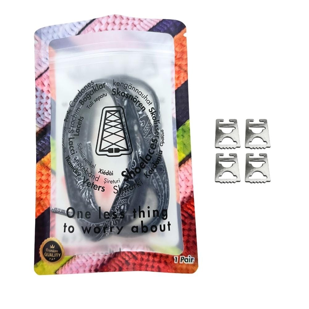 Elastische veters onzichtbaar strikken paisley 9mm onzichtbare clipjes zwart wit in luxe verpakking