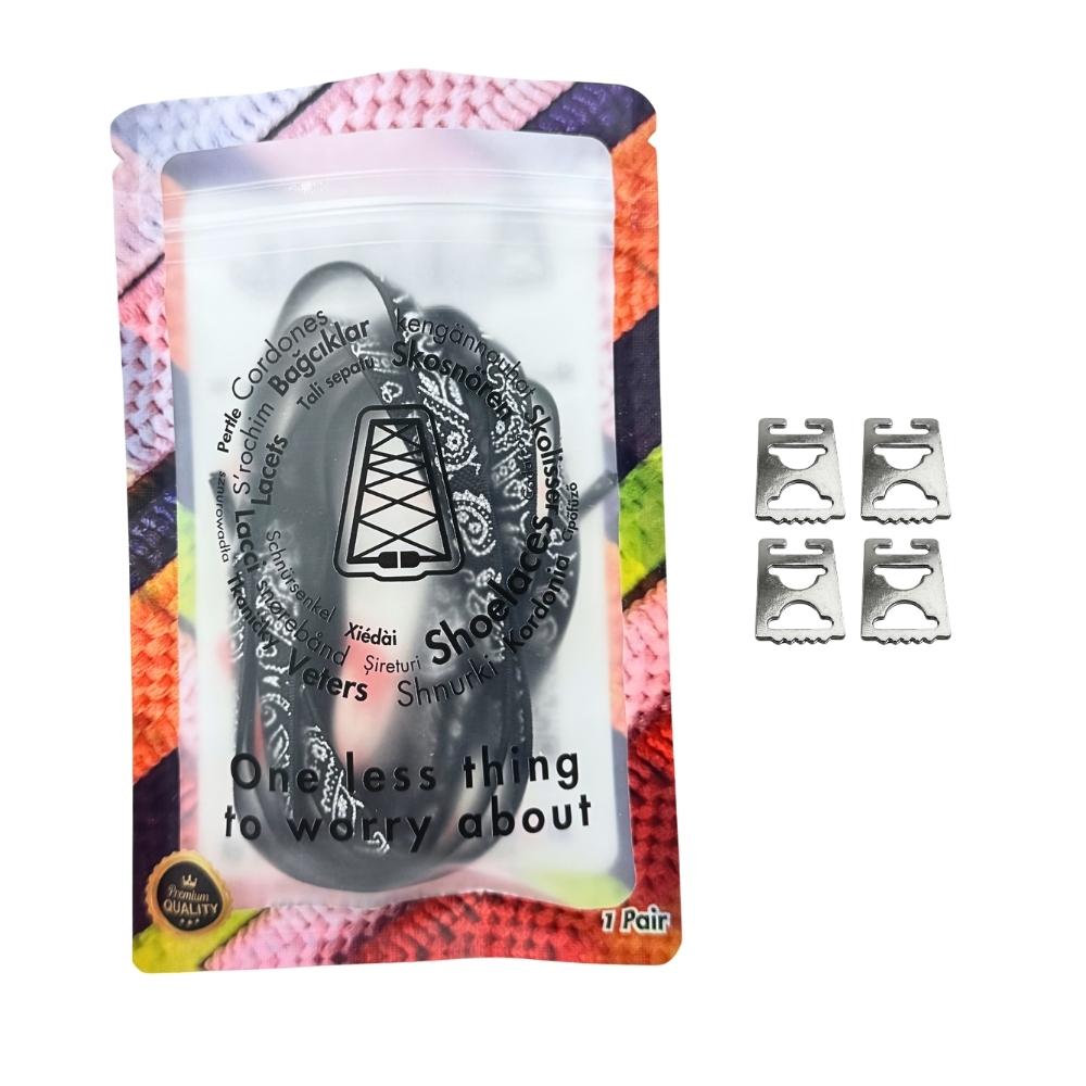 Elastische veters onzichtbaar strikken paisley 9mm onzichtbare clipjes zwart zilver in luxe verpakking