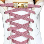 Elastische veters zonder strikken bling bling 6mm haak sluiting roze met stretch uitgerekt