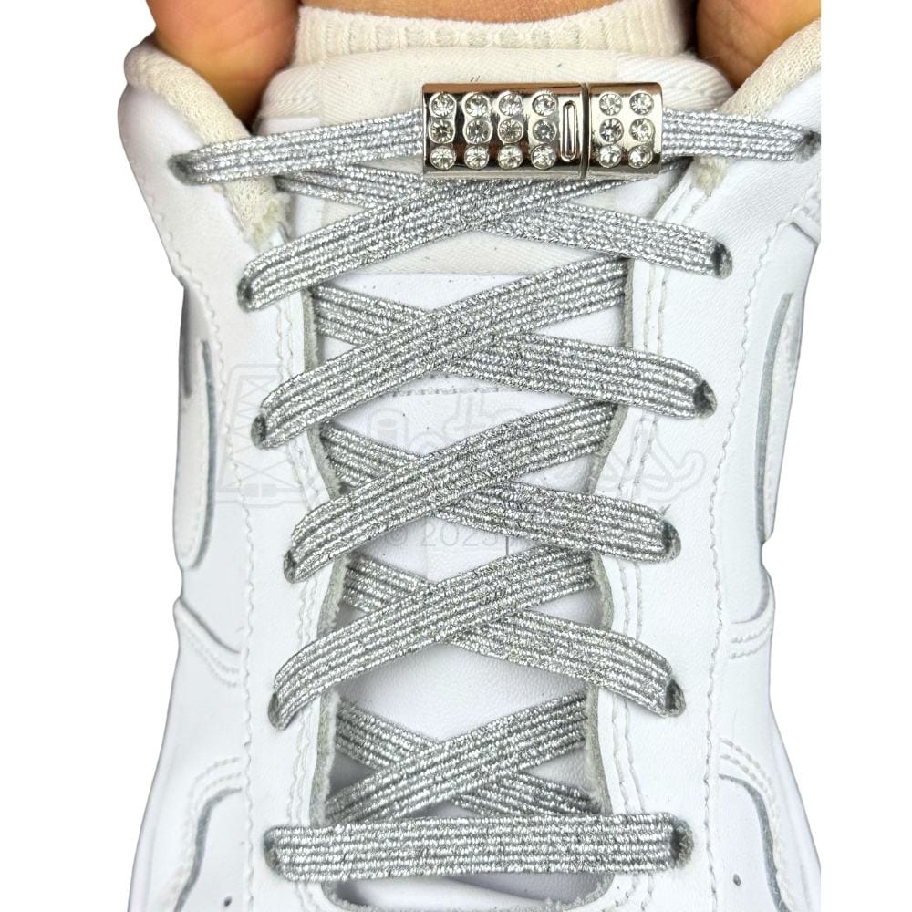 Elastische veters zonder strikken glitter 6mm bling magnetische sluiting zilver met stretch uitgerekt