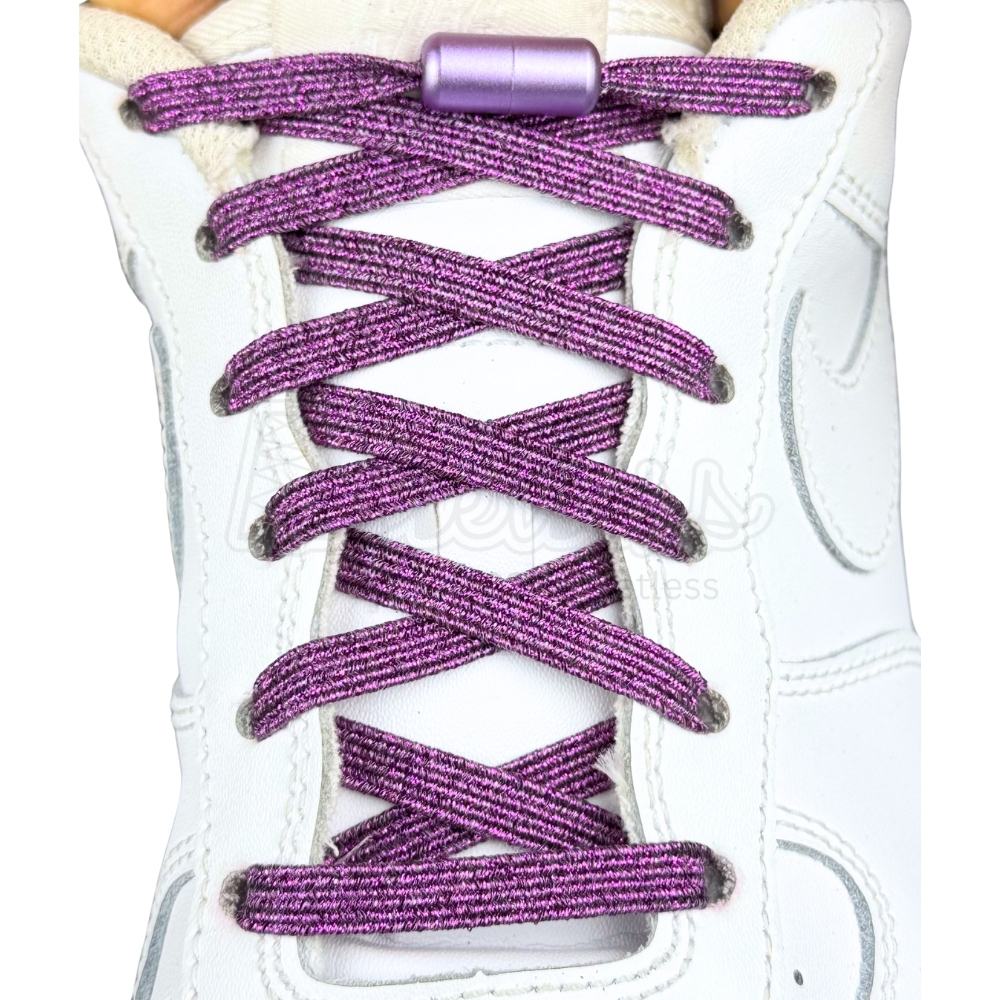 Elastische veters zonder strikken glitter 6mm capsule sluiting paars met stretch uitgerekt