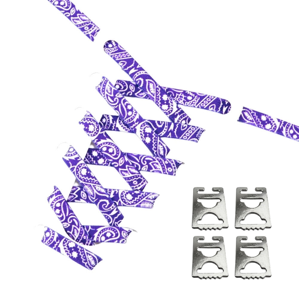 Productafbeelding van paisley elastische veters van 9 mm met clipjes in de kleur paars-wit