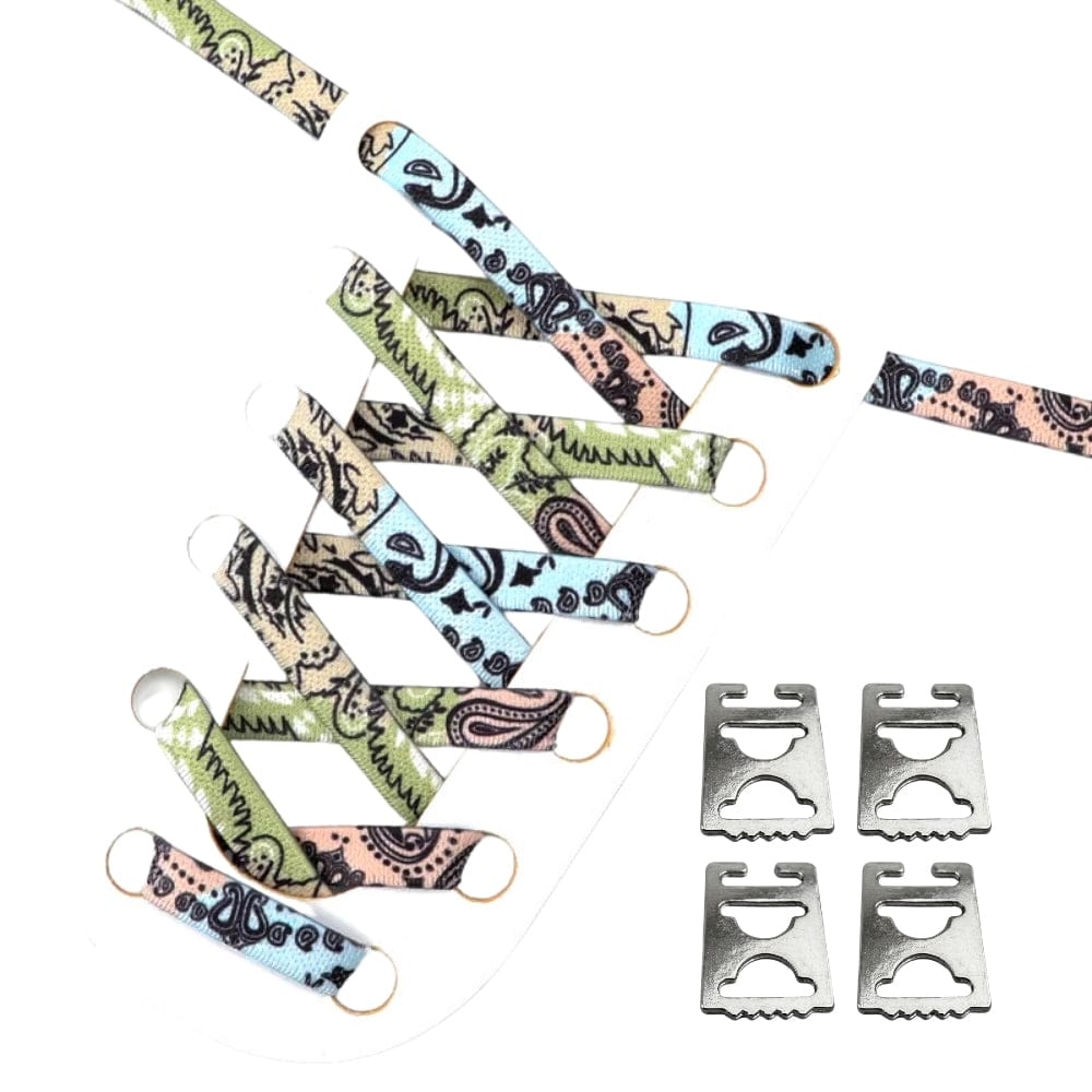 Productafbeelding van paisley elastische veters van 9 mm met clipjes in de kleuren roze, blauw en groen 