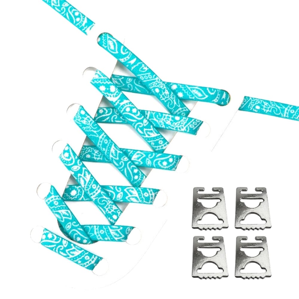 Productafbeelding van paisley elastische veters van 9 mm met clipjes in de kleur turquoise-wit