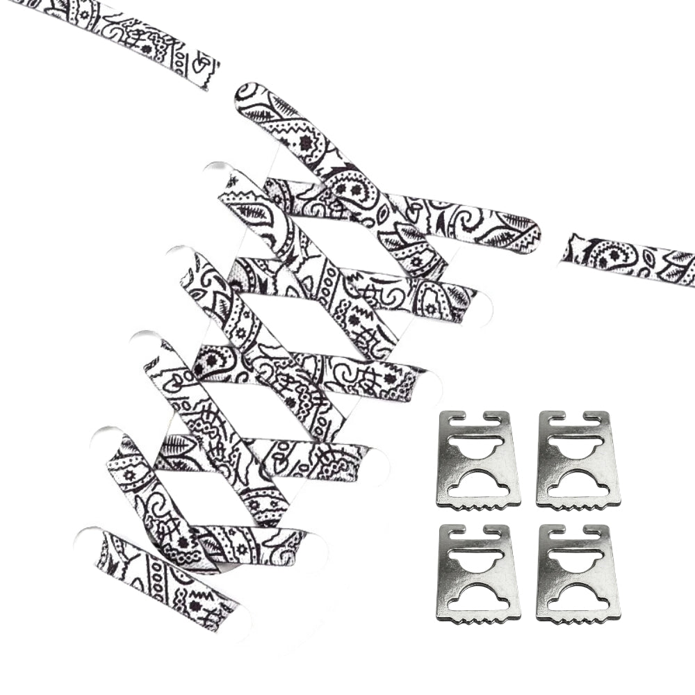 Productafbeelding van paisley elastische veters van 9 mm met clipjes in de kleur wit-zwart