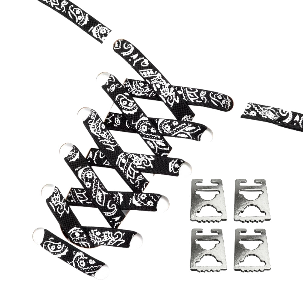 Productafbeelding van paisley elastische veters van 9 mm met clipjes in de kleur zwart-zilver