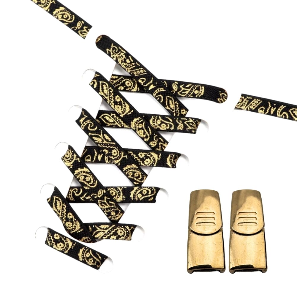 Productafbeelding van paisley elastische veters van 9 mm met magneetsluiting in de kleur zwart-goud