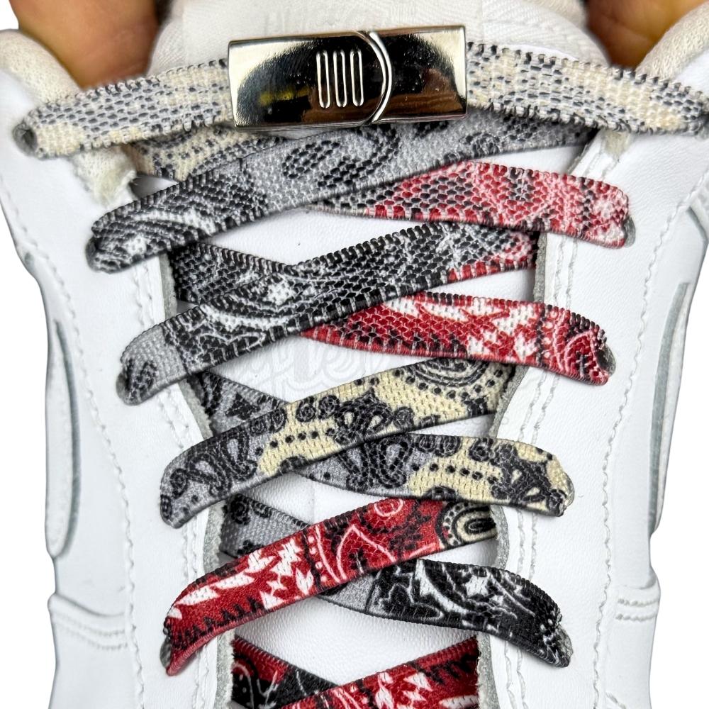 Elastische veters zonder strikken paisley 9mm magnetische sluiting grijs zwart rood met stretch uitgerekt