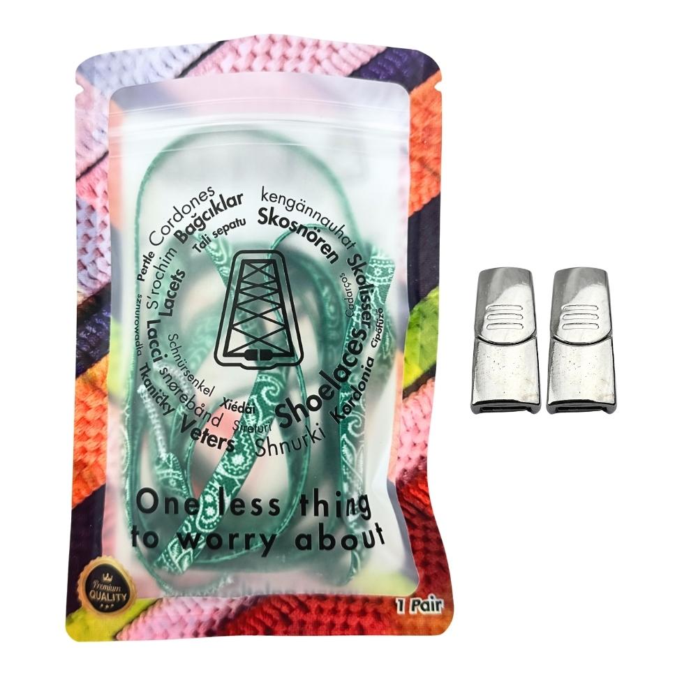 Elastische veters zonder strikken paisley 9mm magnetische sluiting groen wit in luxe verpakking