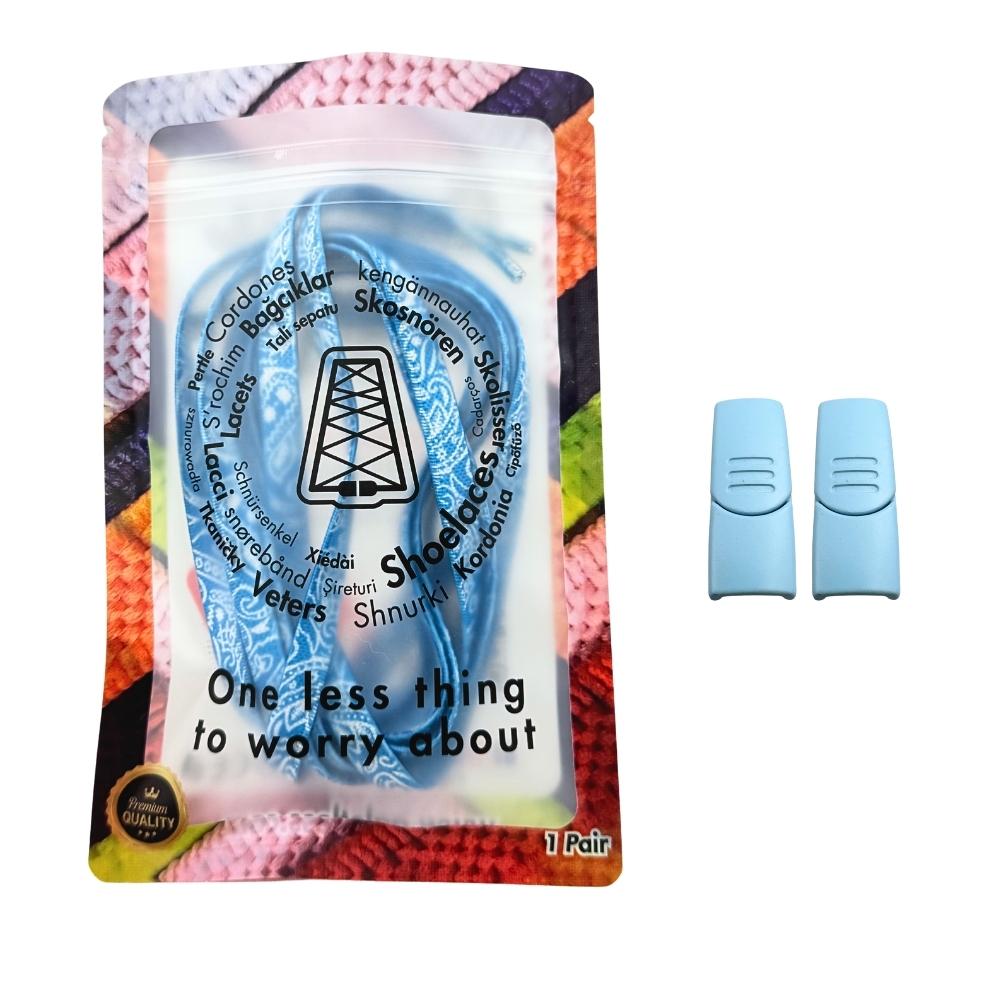 Elastische veters zonder strikken paisley 9mm magnetische sluiting hemelsblauw wit in luxe verpakking