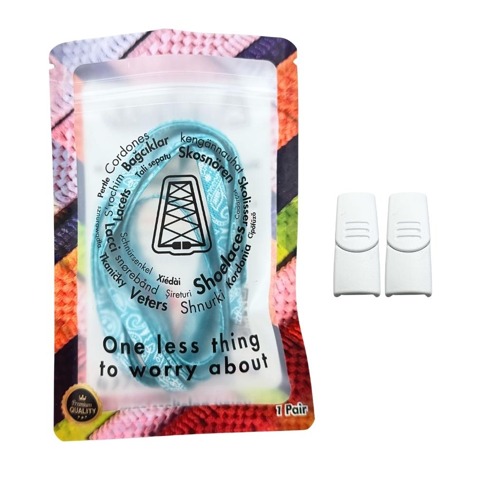 Elastische veters zonder strikken paisley 9mm magnetische sluiting turquoise wit in luxe verpakking