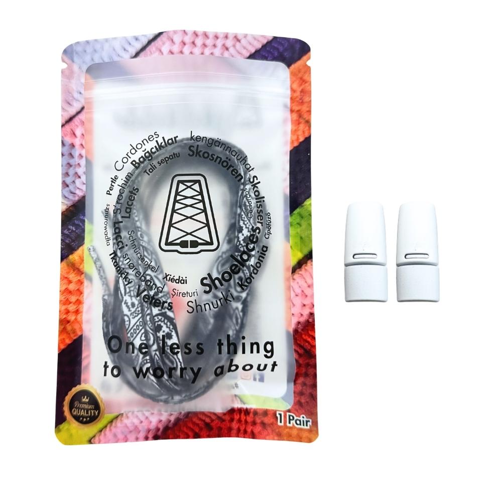 Elastische veters zonder strikken paisley 9mm magnetische sluiting wit zwart in luxe verpakking