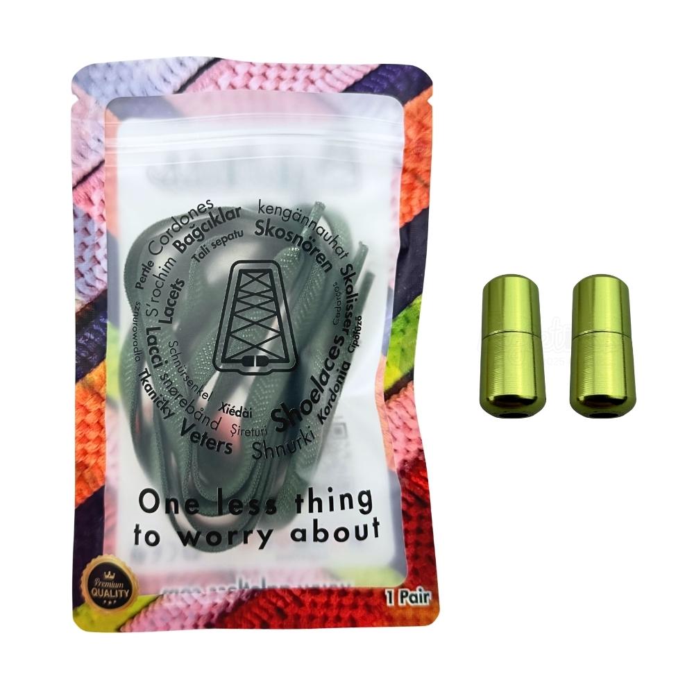 Elastische veters zonder strikken plat 8mm metalen draai capsule mosgroen in luxe verpakking