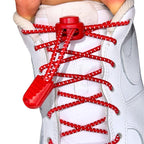 Elastische veters zonder strikken reflecterend 3mm lock sluiting rood met stretch uitgerekt