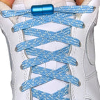 Elastische veters zonder strikken reflecterend 7mm capsule sluiting hemelsblauw met stretch uitgerekt