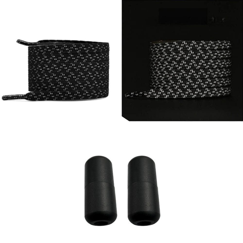 Productafbeelding van platte reflecterende elastische veters van 7 mm met capsule sluiting in de kleur zwart