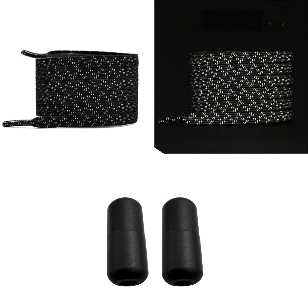 Productafbeelding van platte reflecterende elastische veters van 7 mm met capsule sluiting in de kleur zwart