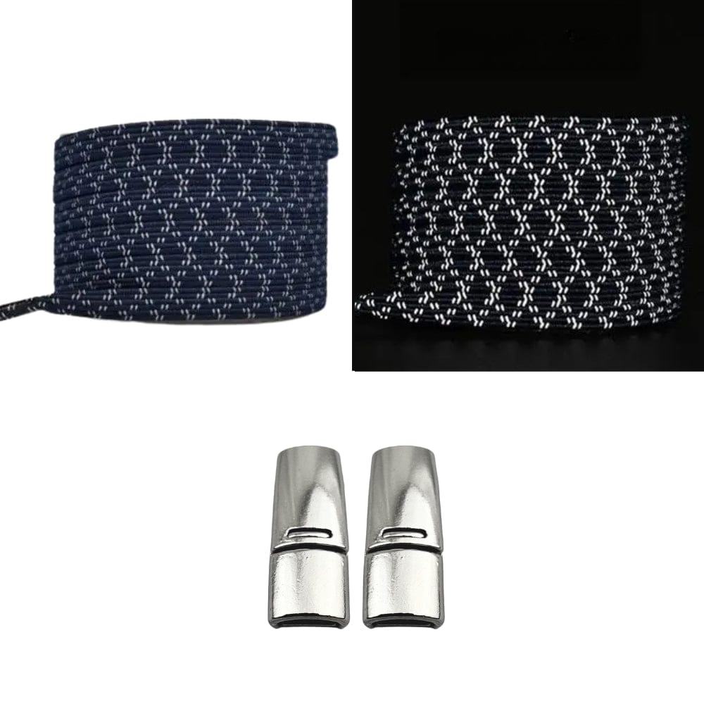 Productafbeelding van platte reflecterende elastische veters van 7 mm met magneetsluiting in de kleur marineblauw