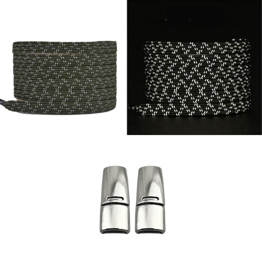 Productafbeelding van platte reflecterende elastische veters van 7 mm met magneetsluiting in de kleur mosgroen