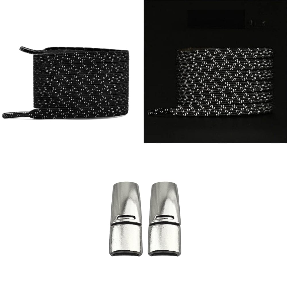 Productafbeelding van platte reflecterende elastische veters van 7 mm met magneetsluiting in de kleur zwart