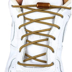 Elastische veters zonder strikken rond 3mm capsule sluiting bruin met stretch uitgerekt