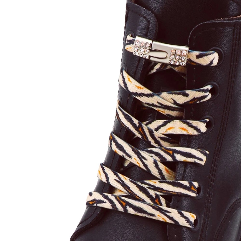 animal-print-elastic-no-tie-shoelaces-beige-zebra-rhinestone-hook-black-shoe-side-angle