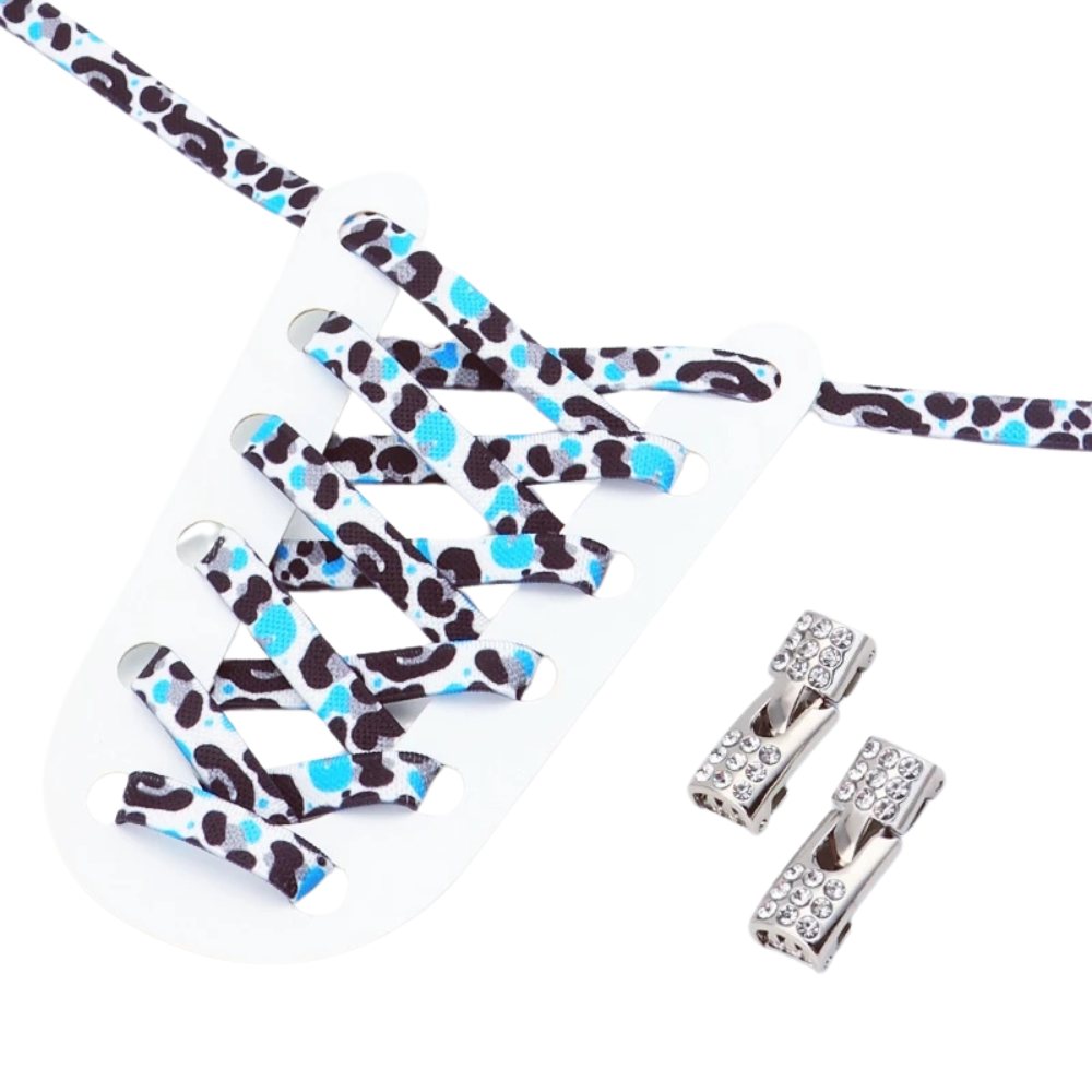 Blue leopard print elastic no-tie shoelaces with a rhinestone hook lock.