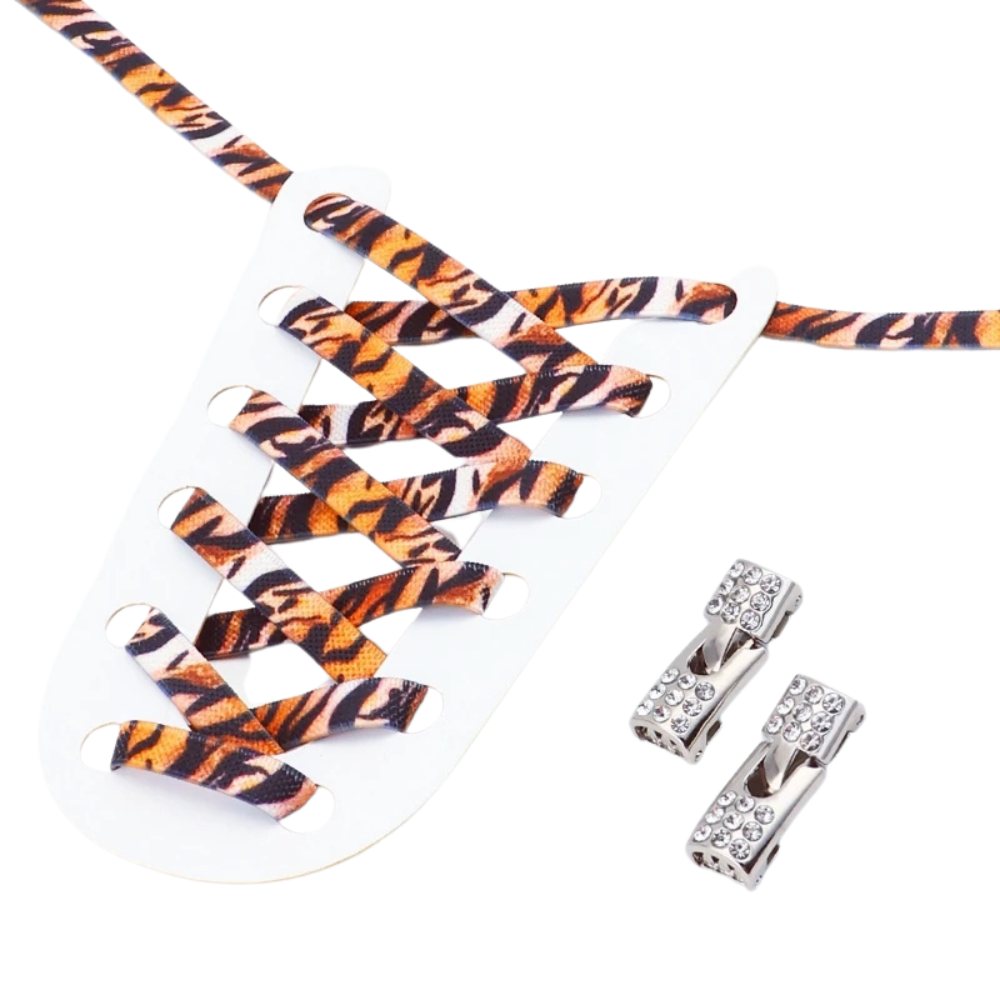 Tiger stripes elastic no-tie shoelaces with a rhinestone hook lock.