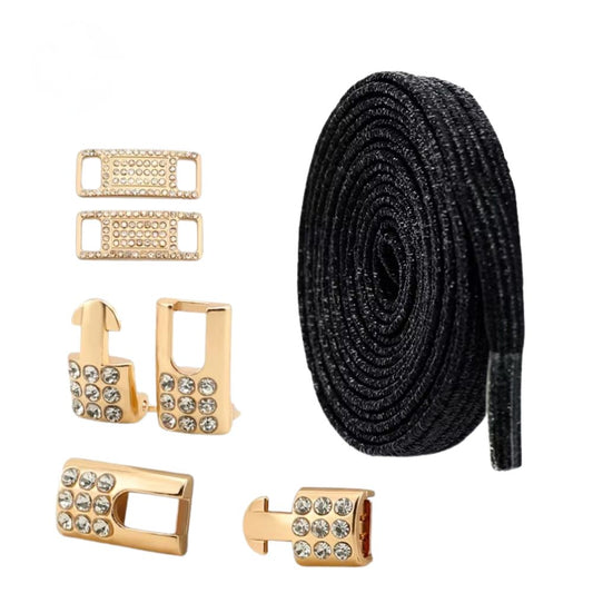 Bling elastische veters zwart plat met gouden sluiting