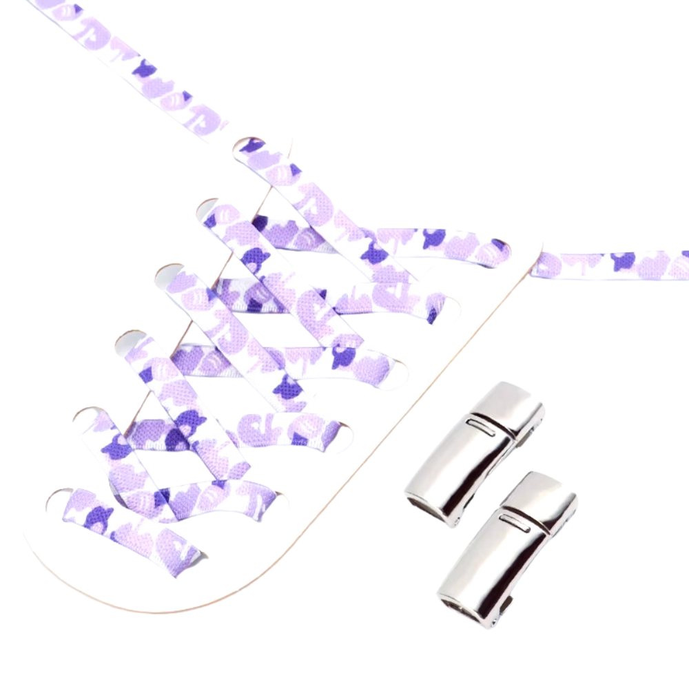 Purple camouflage elastic shoelaces with a silver magnetic lock, offering a stylish and unique look.