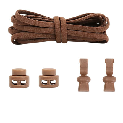 Brown compact elastic no-tie shoelaces with an adjustable lock.