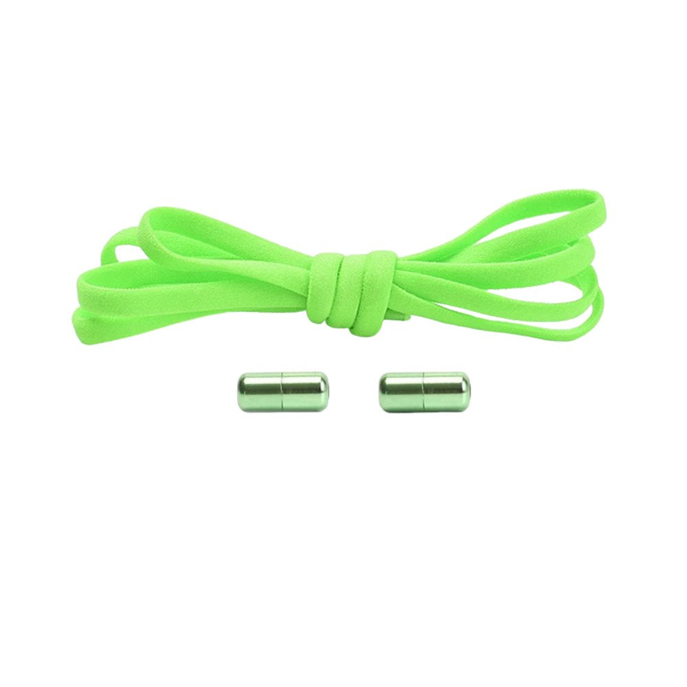 Fluorescent green round elastic no-tie shoelaces with a capsule lock.