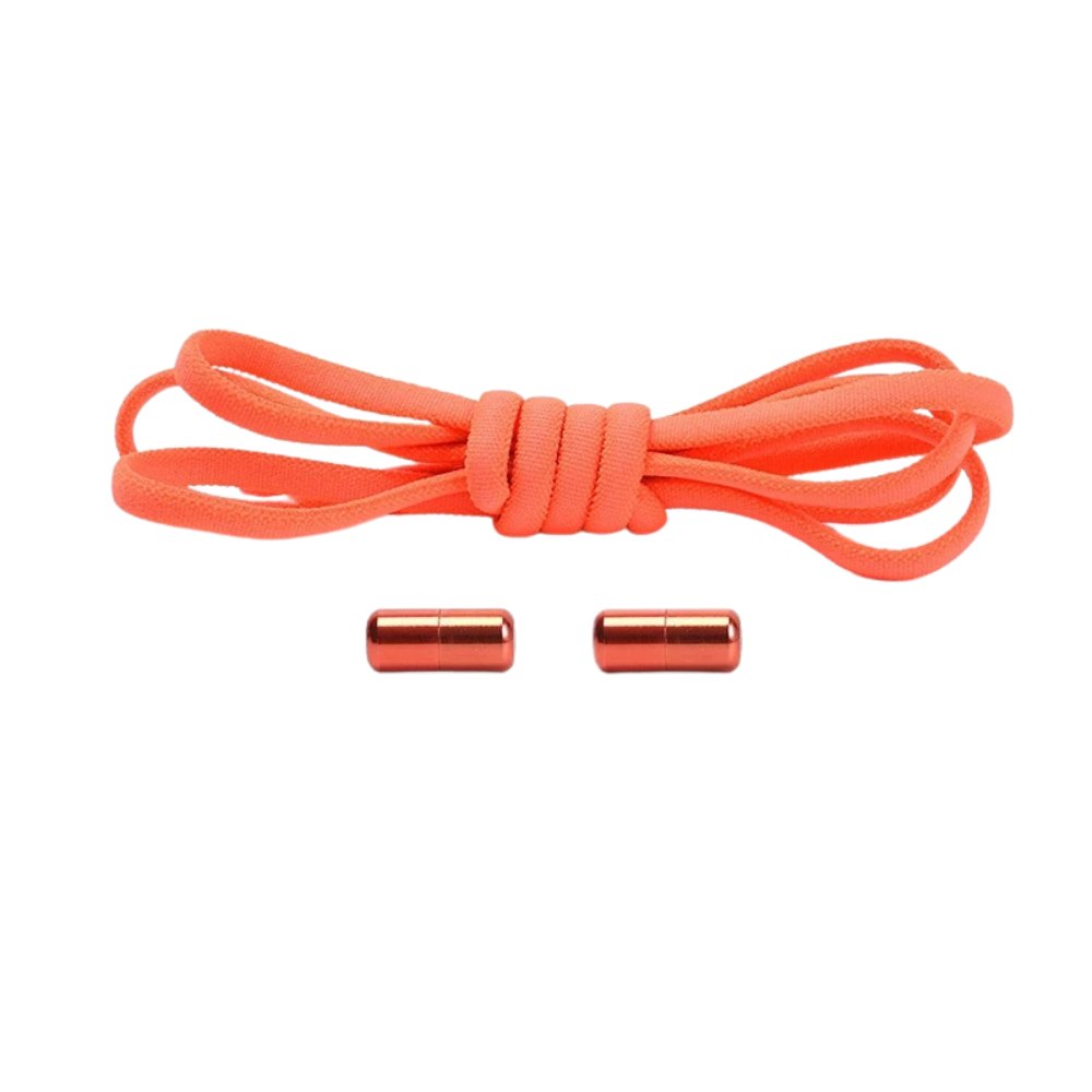 Fluorescent red compact elastic no-tie shoelaces with a capsule lock.