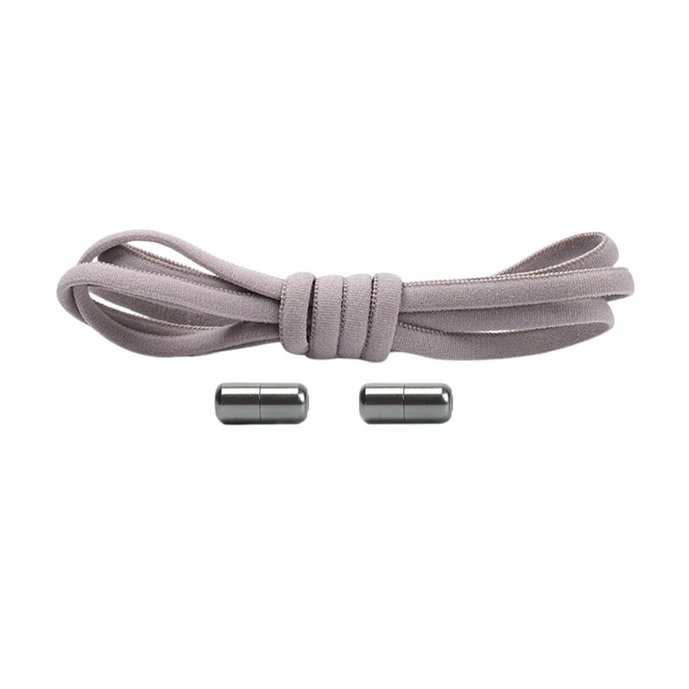 Gray round elastic no-tie shoelaces with a capsule lock.