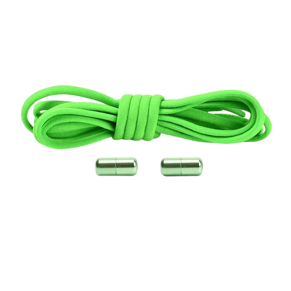 Green round elastic no-tie shoelaces with a capsule lock.