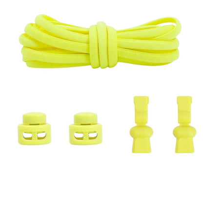 Lemon yellow compact elastic no-tie shoelaces with an adjustable lock.