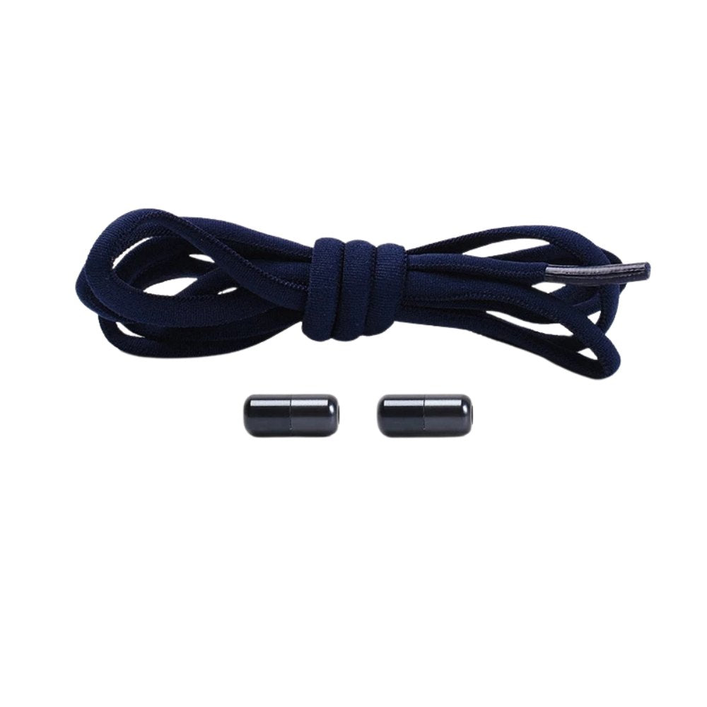 Navy blue compact elastic no-tie shoelaces with a capsule lock.