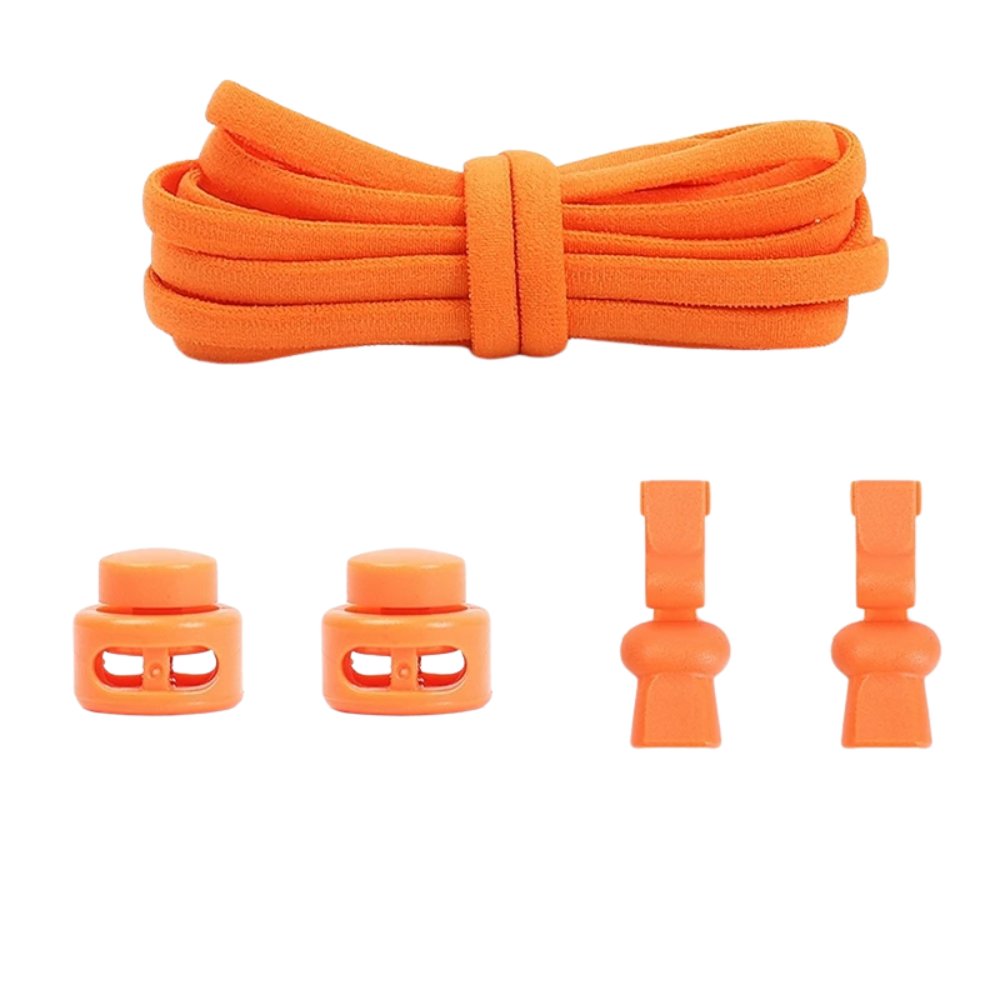 Orange compact elastic no-tie shoelaces with an adjustable lock.