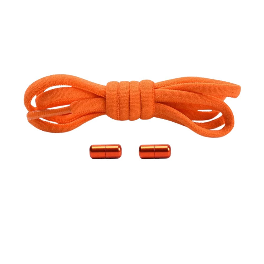 Orange compact elastic no-tie shoelaces with a capsule lock.